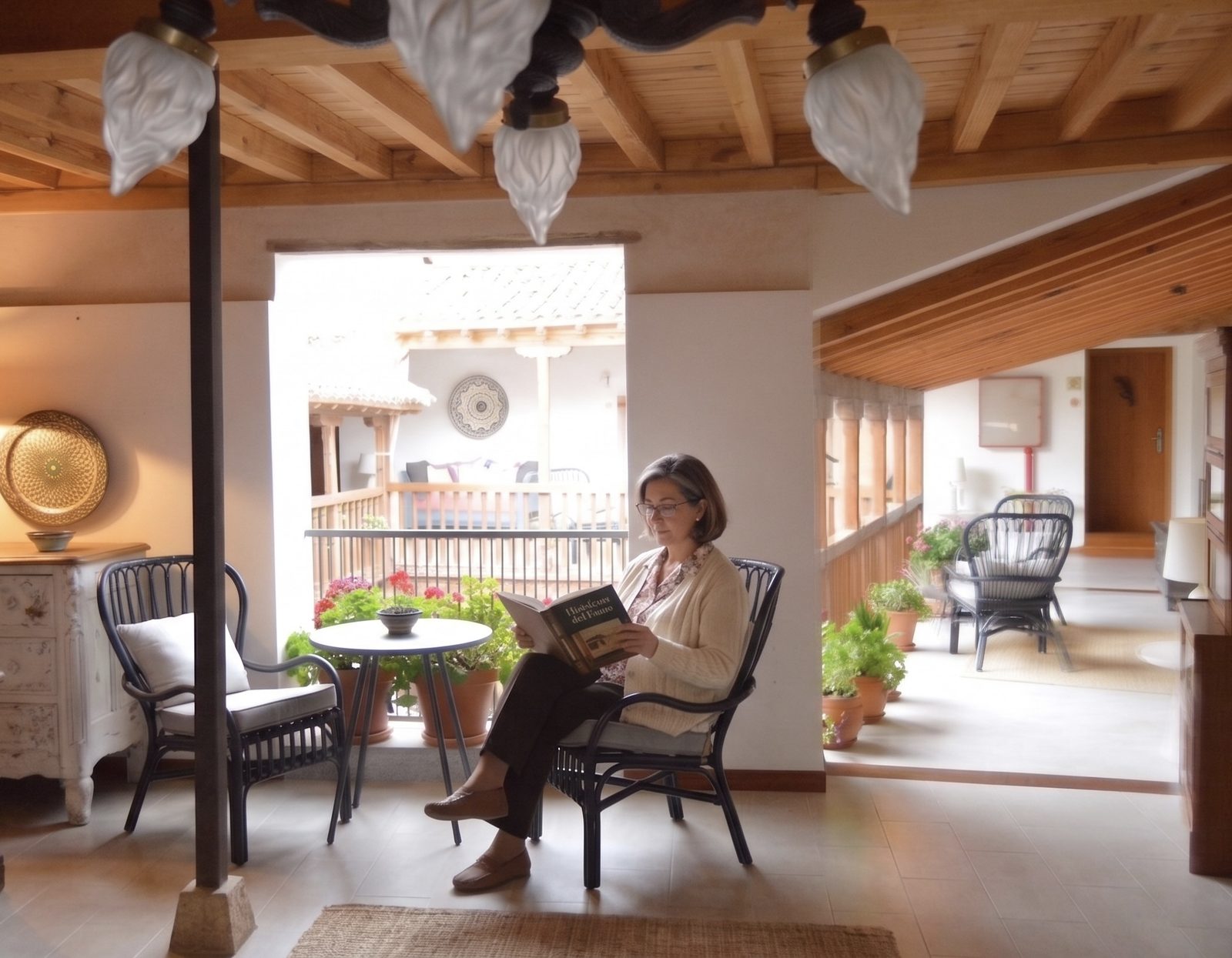 Galería alta del Casón del Conde con mesa redonda, butacas y una persona leyendo junto a la balconada