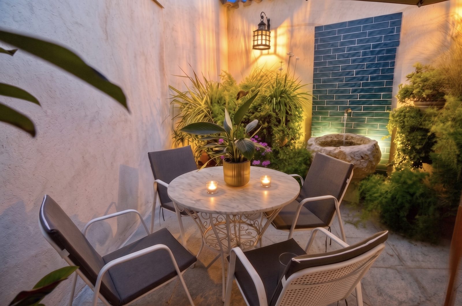 Rincón ajardinado del patio interior del Casón del Conde, con mesa y farol