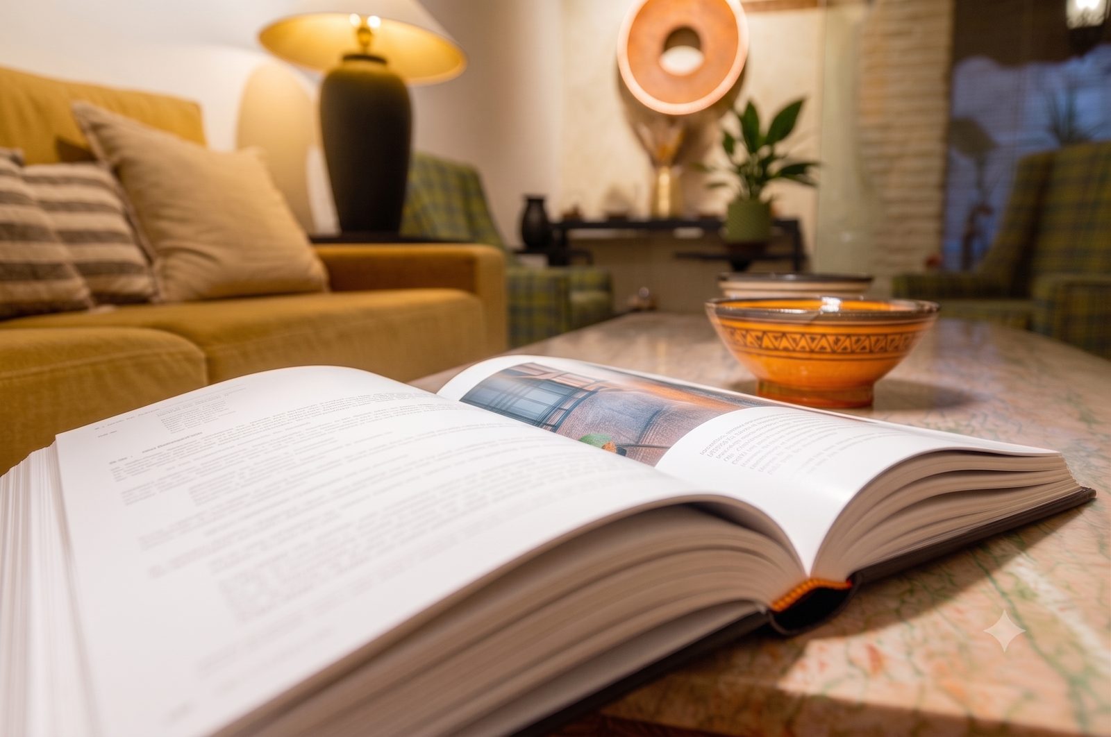 Libro abierto sobre la mesa del salón del Casón del Conde, junto al sofá y un cuenco de cerámica