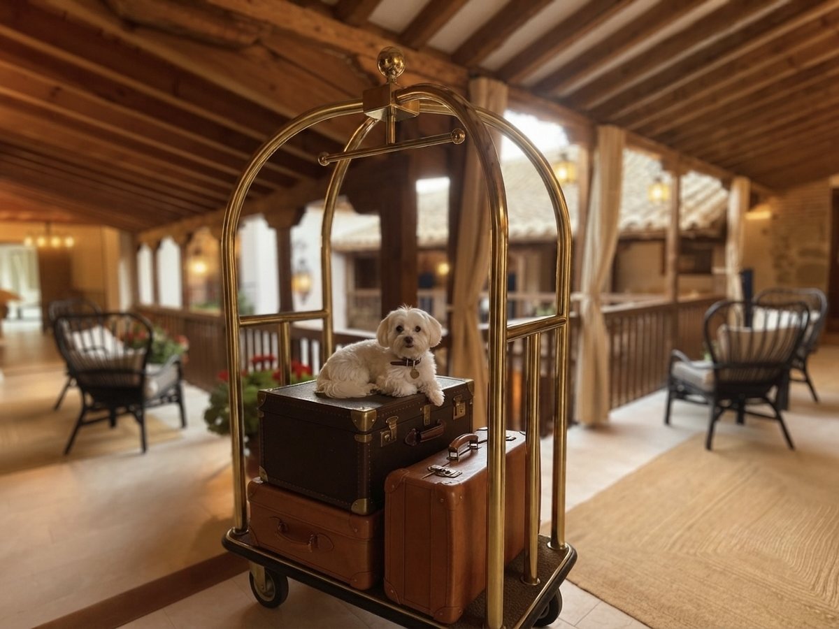 Perro sobre el carrito de equipaje dorado del Casón del Conde, en Orgaz (Toledo)