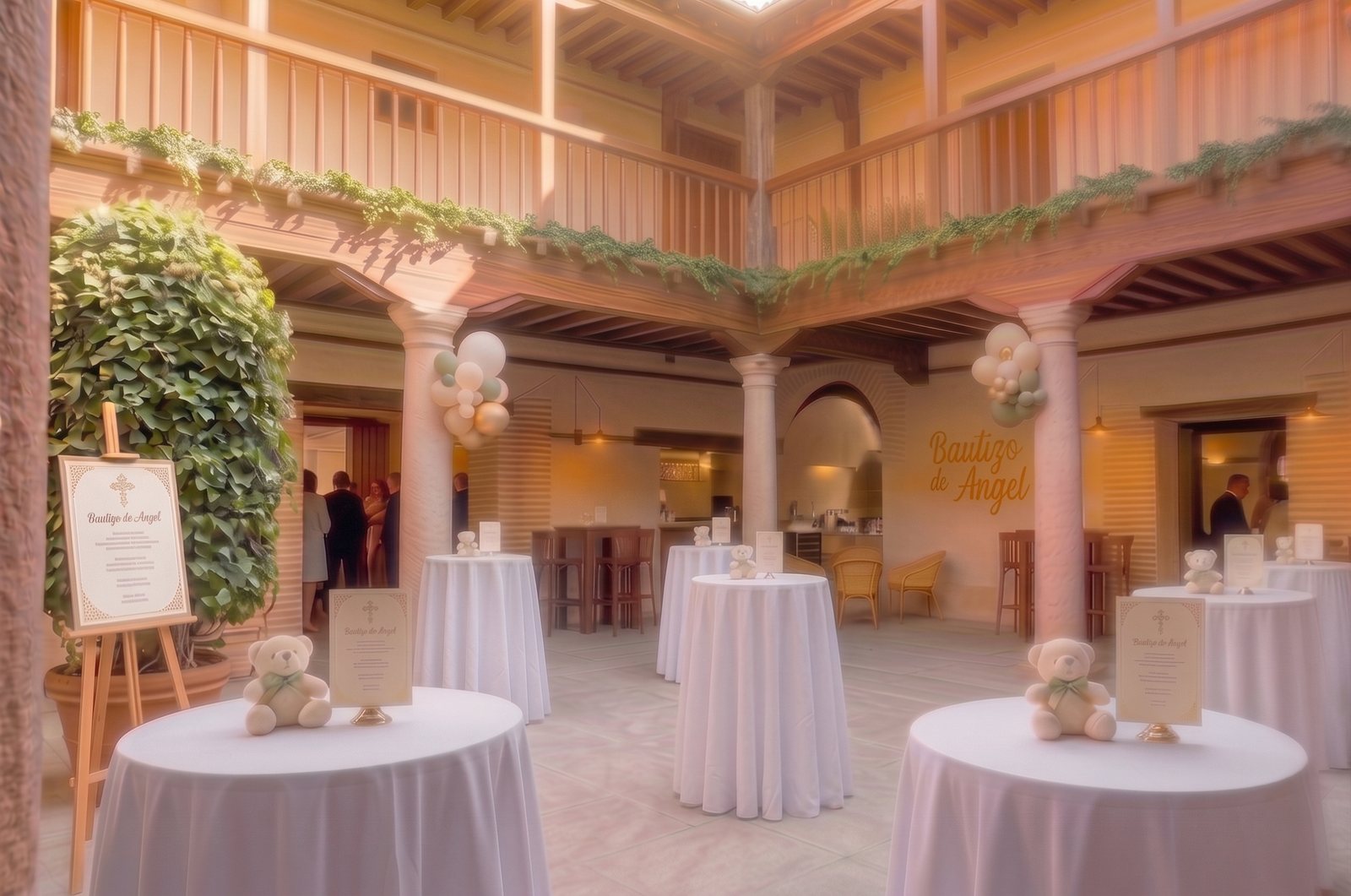Bautizo celebrado en el patio del Casón del Conde, con mesas altas vestidas y globos entre las columnas