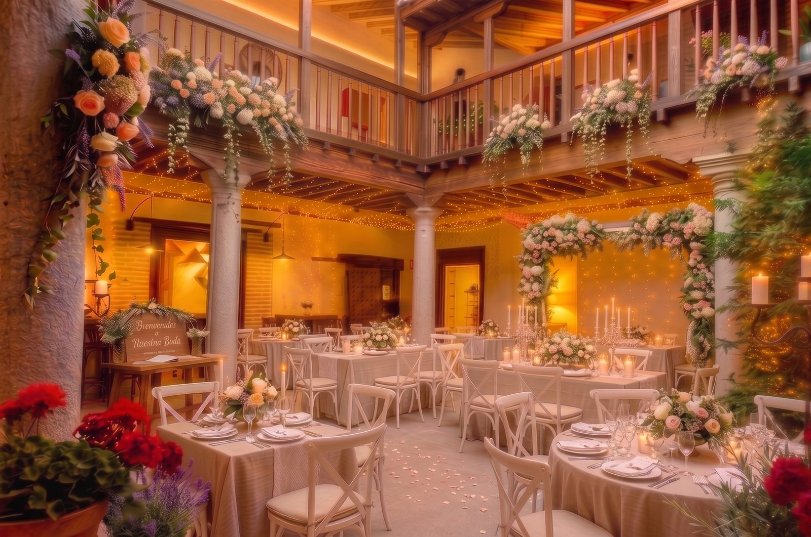 Banquete de boda montado en el patio porticado del Casón del Conde, con las mesas vestidas y el patio iluminado, en Orgaz (Toledo)