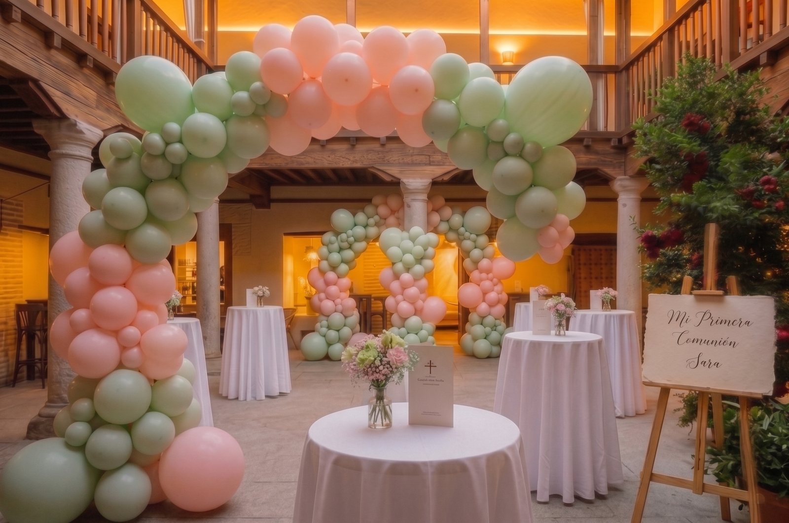 Primera comunión celebrada en el patio del Casón del Conde, con arco de globos y mesas altas vestidas, en Orgaz (Toledo)