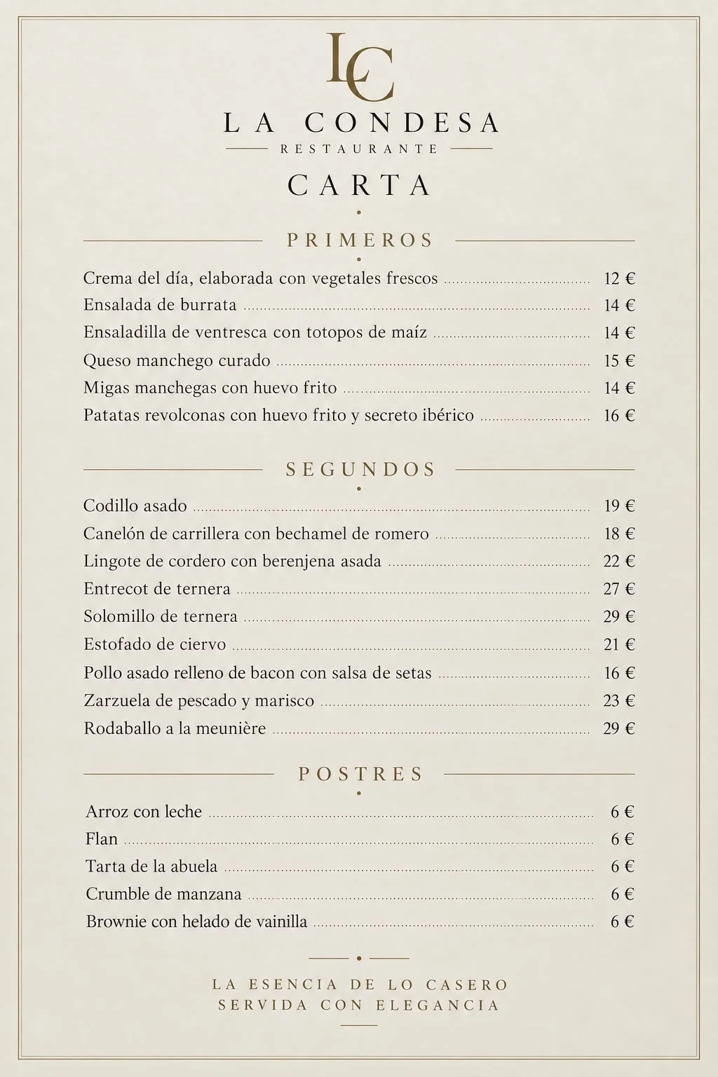 Carta del Restaurante La Condesa, con los primeros, los segundos y los postres