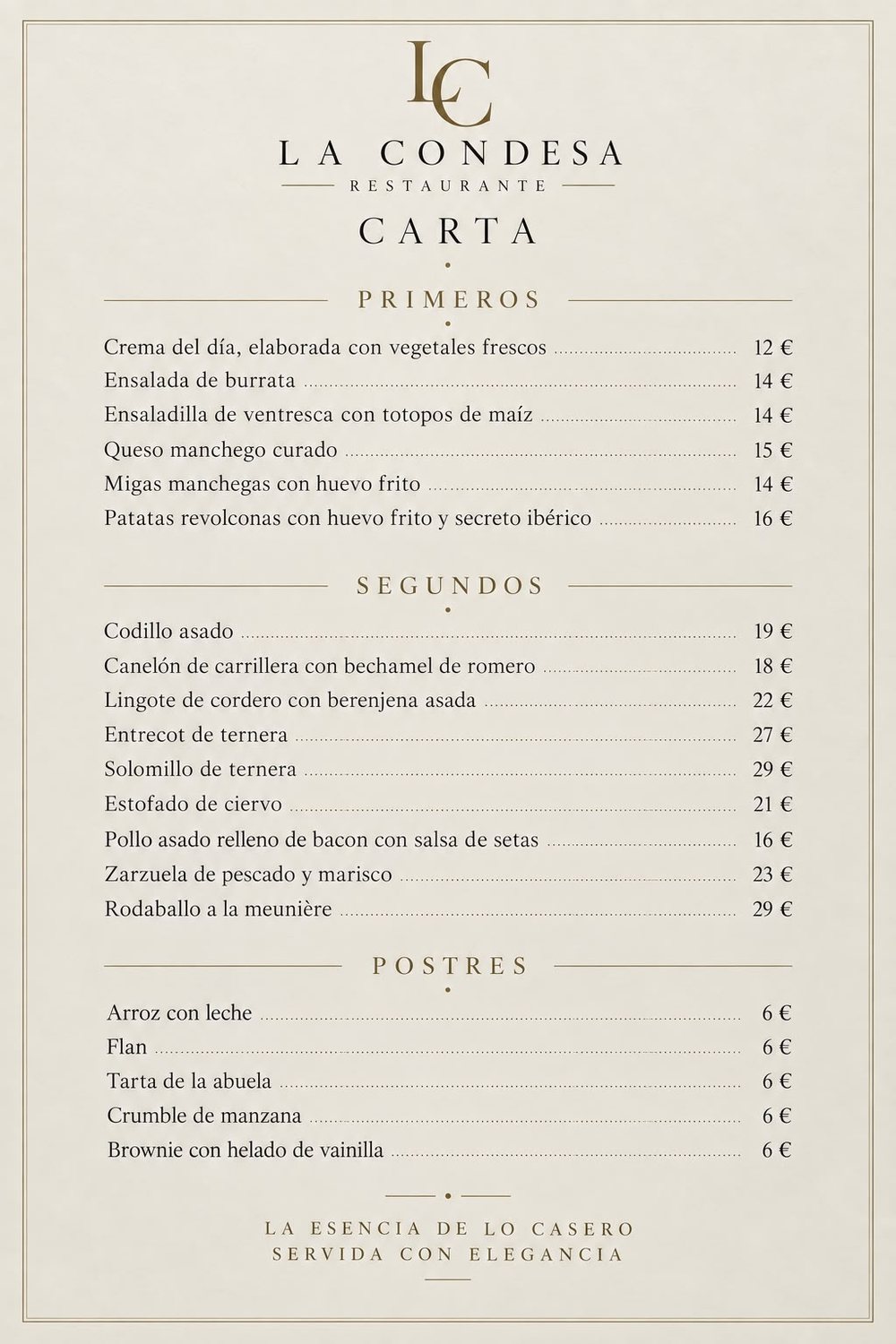 Carta de La Condesa: primeros, segundos y postres con sus precios, sobre papel crema